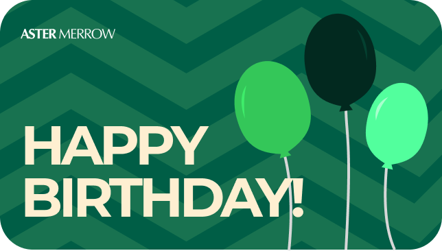 Aster Merrow gift card reading Happy Birthday